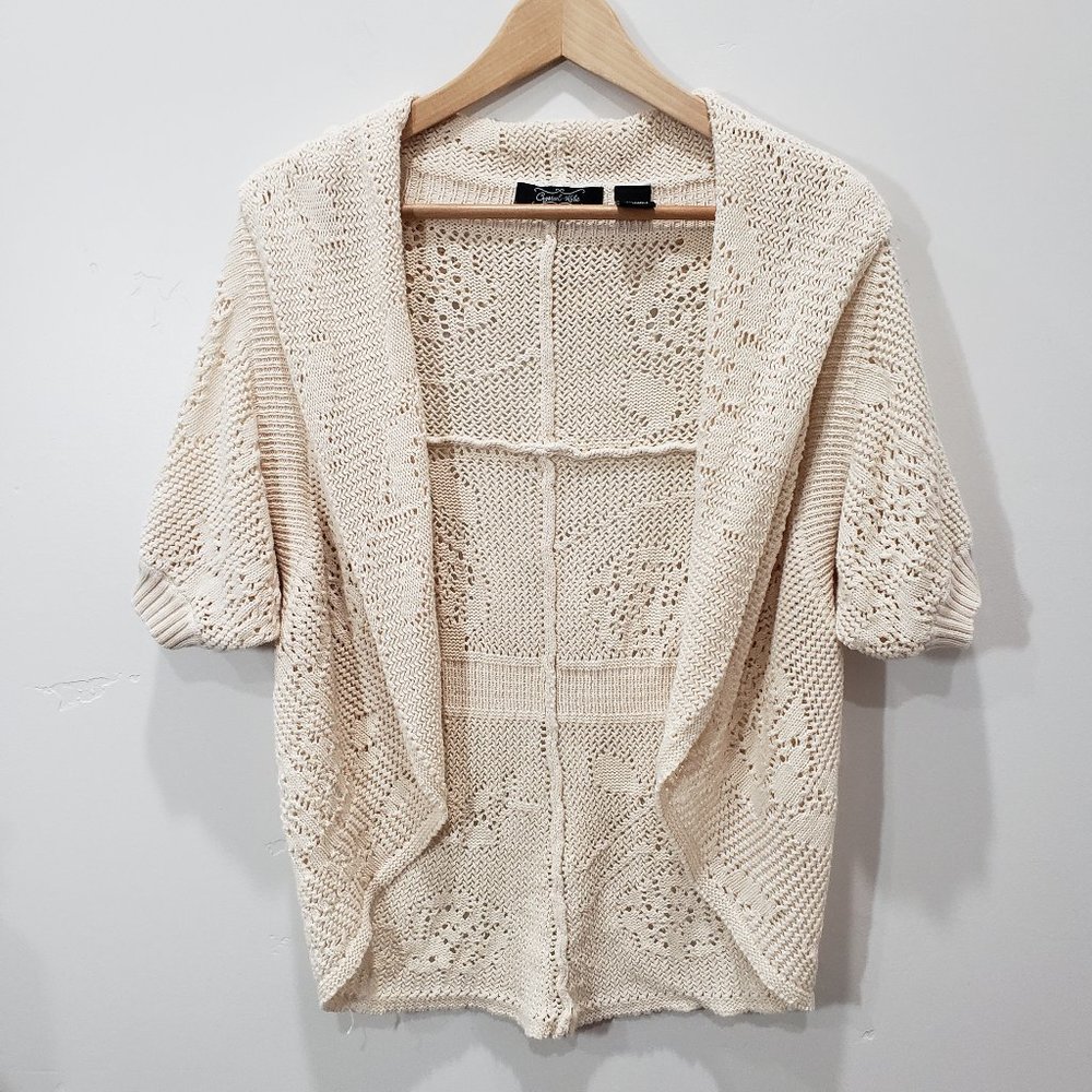 Crystal Kobe Women's Beige Short Sleeve Knit Cardigan Sweater Cowl Neck Size S